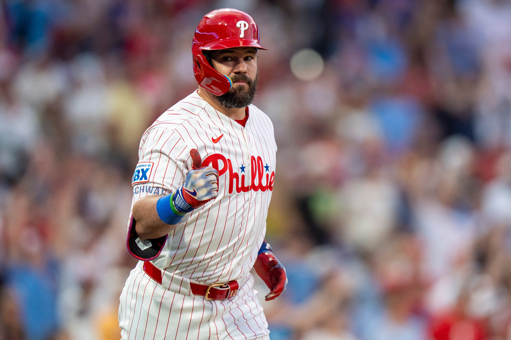 Philadelphia Phillies' Kyle Schwarber gives a thumbs-up after hitting a home run during the third inning of a baseball game against the New York Mets, Saturday, June 20, 2026, in Philadelphia. (AP Photo/Chris Szagola)