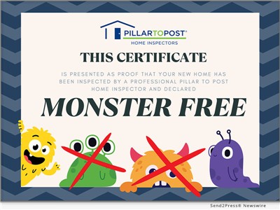 IMAGE CAPTION: Pillar To Post Home Inspections Include 'Monster Free' Certificates for a Spooktacularly Safe Holiday Season | For the holiday season, Pillar To Post&reg; Home Inspectors is putting a playful spin on home safety with its "Monster Free" certificates, a fun way to celebrate a home inspection and help make the transition of a move easier and fun for the kids.