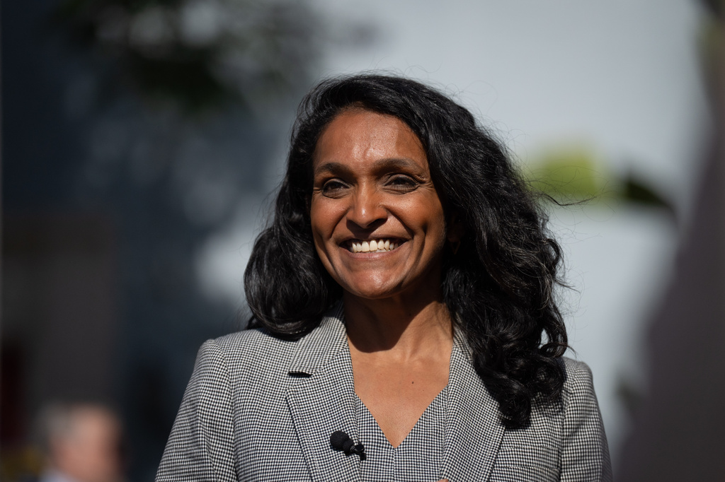 Nithya Raman, a candidate in the Los Angeles mayoral race, smiles during a campaign event discussing tenant protections with renters in Los Angeles, Monday, June 1, 2026. (AP Photo/Jae C. Hong)