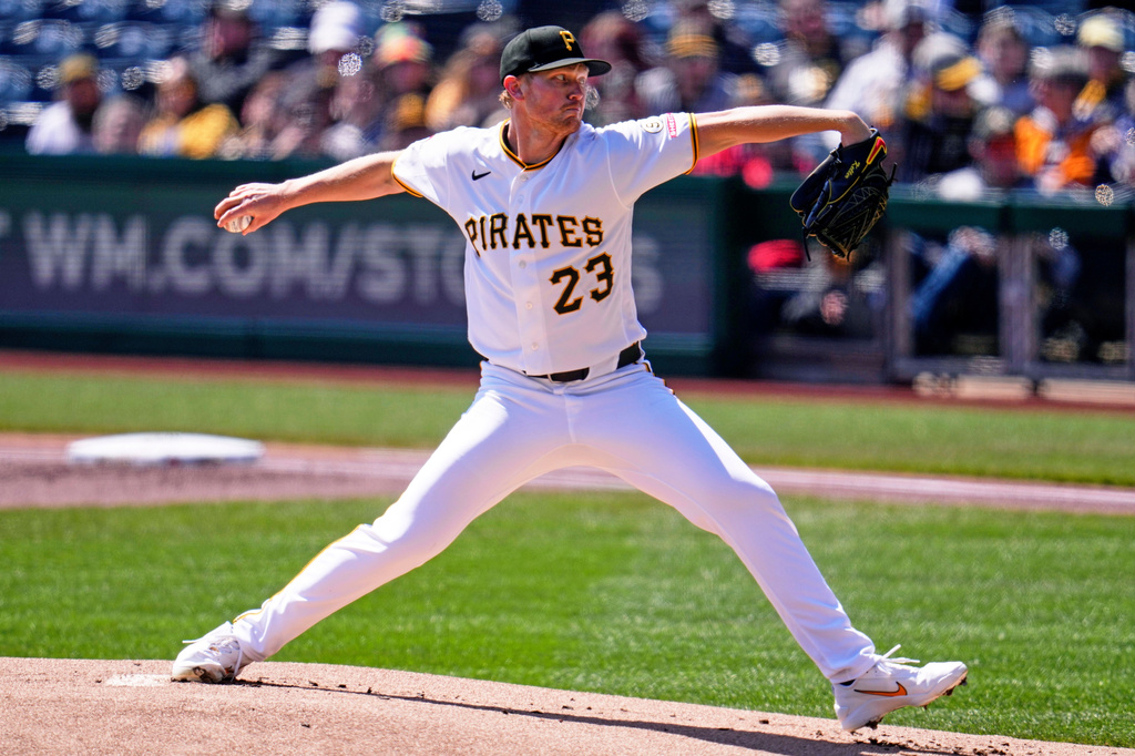 Pittsburgh Pirates pitcher Mitch Keller delivers during the first inning of a baseball game San Diego Padres in Pittsburgh, Wednesday, April 8, 2026. (AP Photo/Gene J. Puskar)