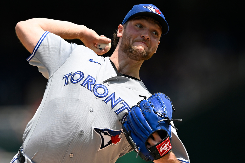 Toronto Blue Jays starting pitcher Trey Yesavage throws during the first inning of a baseball game against the Washington Nationals, Wednesday, July 29, 2026, in Washington. (AP Photo/John McDonnell)
