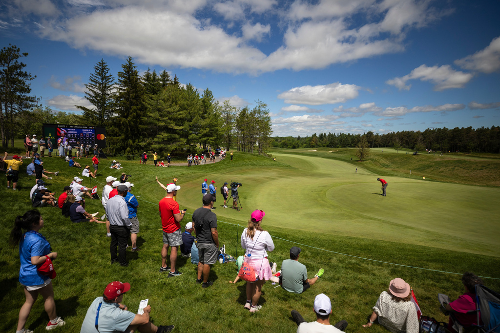 Matthew Anderson, of Mississauga, Ontario, putts on the ninth hole during the second round of the RBC Canadian Open in Caledon, Ontario, on Friday, June 12, 2026. (Nick Iwanyshyn/The Canadian Press via AP)