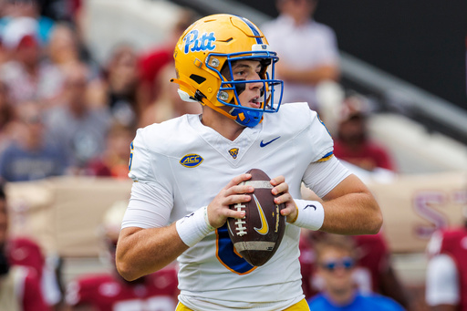 Pittsburgh quarterback Mason Heintschel (6) looks for a receiver during the first half of an NCAA college football game against Florida State, Saturday, Oct. 11, 2025, in Tallahassee, Fla. (AP Photo/Colin Hackley) Pittsburgh quarterback Mason Heintschel (6) looks for a receiver during the first half of an NCAA college football game against Florida State, Saturday, Oct. 11, 2025, in Tallahassee, Fla. (AP Photo/Colin Hackley)