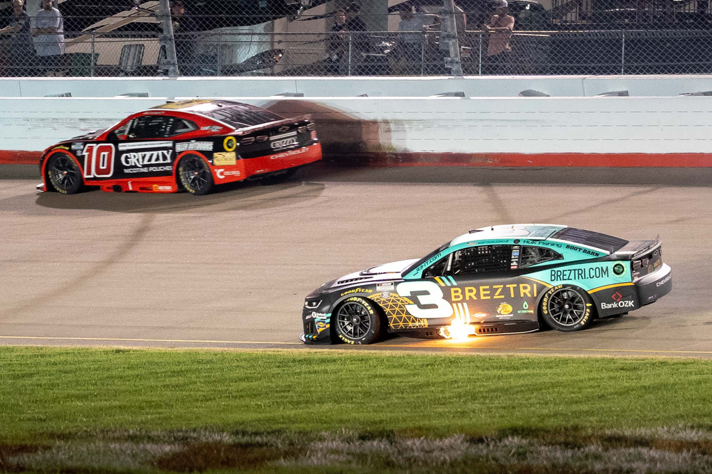 Austin Dillon (3) spins out during a NASCAR Cup Series auto race, Sunday, May 31, 2026, in Lebanon, Tenn. (AP Photo/Camden Hall)