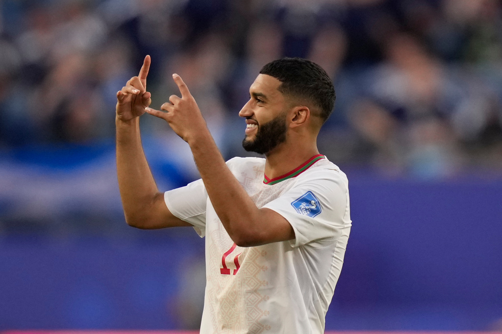 Morocco's Ismael Saibari, gestures to the crowd as he celebrates on the pitch after the end of the during the World Cup Group C soccer match between Scotland and Morocco in Foxborough, Mass., near Boston, Friday, June 19, 2026. (AP Photo/Charles Krupa)