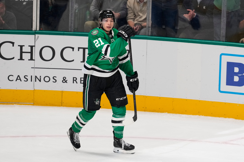 Dallas Stars left wing Jason Robertson celebrates his goal in the first period of an NHL hockey game against the St. Louis Blues Wednesday, Feb. 4, 2026, in Dallas. (AP Photo/Tony Gutierrez)