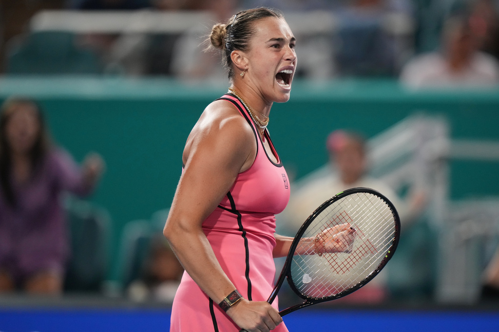 Aryna Sabalenka reacts after winning the first set against Elena Rybakina of Kazakhstan during a semifinal match at the Miami Open tennis tournament, Thursday, March 26, 2026, in Miami Gardens, Fla. (AP Photo/Marta Lavandier)