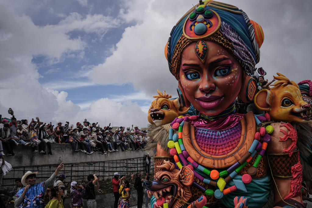 Revelers take part in the Black and White Carnival, recognized by UNESCO as Intangible Cultural Heritage, in Pasto, Colombia, Tuesday, Jan. 6, 2026. (AP Photo/Ivan Valencia)