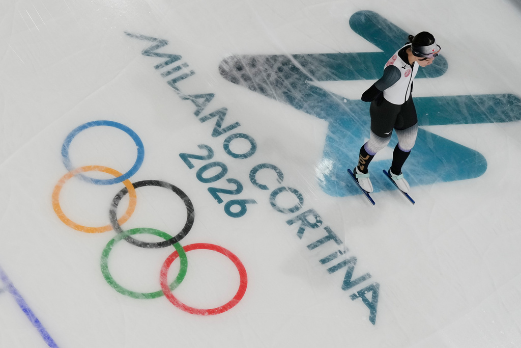 An athlete from Japan trains inside the speed skating venue at the 2026 Winter Olympics, in Milan, Italy, Thursday, Feb. 5, 2026. (AP Photo/David J. Phillip)