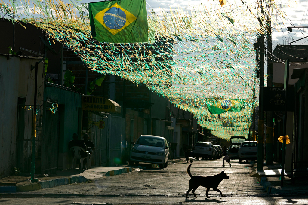 FILE - A dog crosses a street decorated with Brazilian flags and streamers in the national soccer team colors in the Cidade Estrutural neighborhood of Brasilia, June 17, 2026, ahead of Brazil's World Cup match. (AP Photo/Eraldo Peres, File)