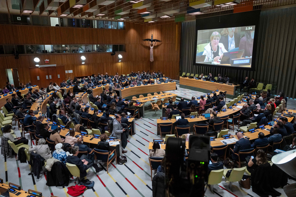 Michelle Bachelet, former Chilean president and a candidate for United Nations secretary-general, speaks during an informal dialogue at U.N. headquarters, Tuesday, April 21, 2026. (AP Photo/Yuki Iwamura)