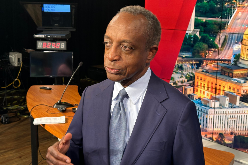 Mike Thurmond, a Democrat running for governor in Georgia, speaks to reporters after a debate on Wednesday, April 15, 2026 at WXIA-TV in Atlanta. (AP Photo/Jeff Amy)