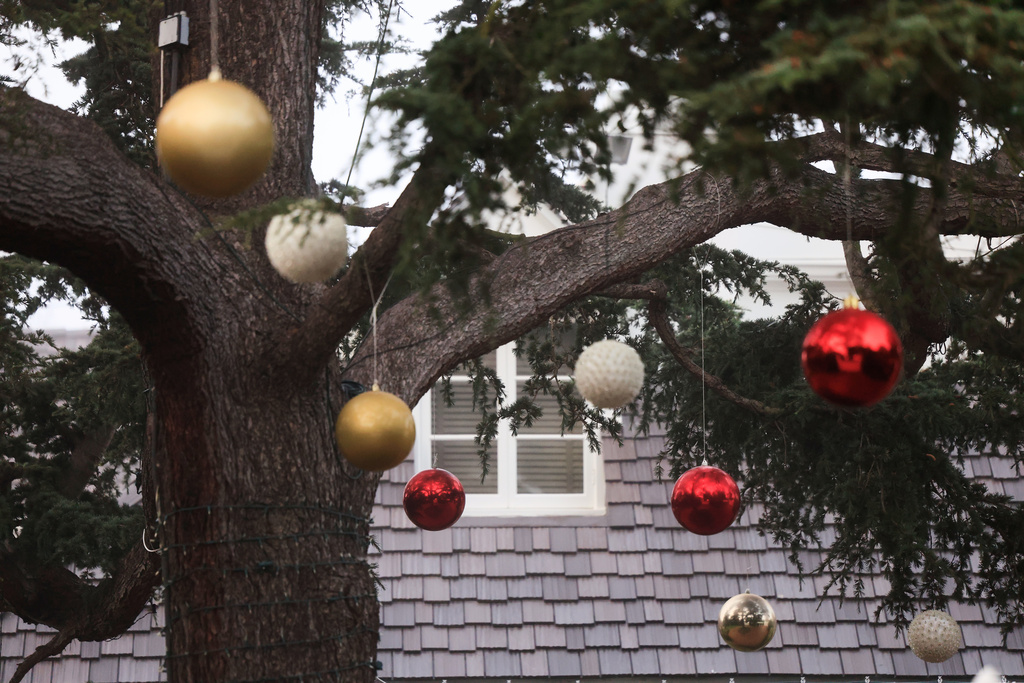 Christmas decorations hang from a tree on the front yard to Rob Reiner's residence Monday, Dec. 15, 2025, in the Brentwood section of Los Angeles. (AP Photo/Caroline Brehman)