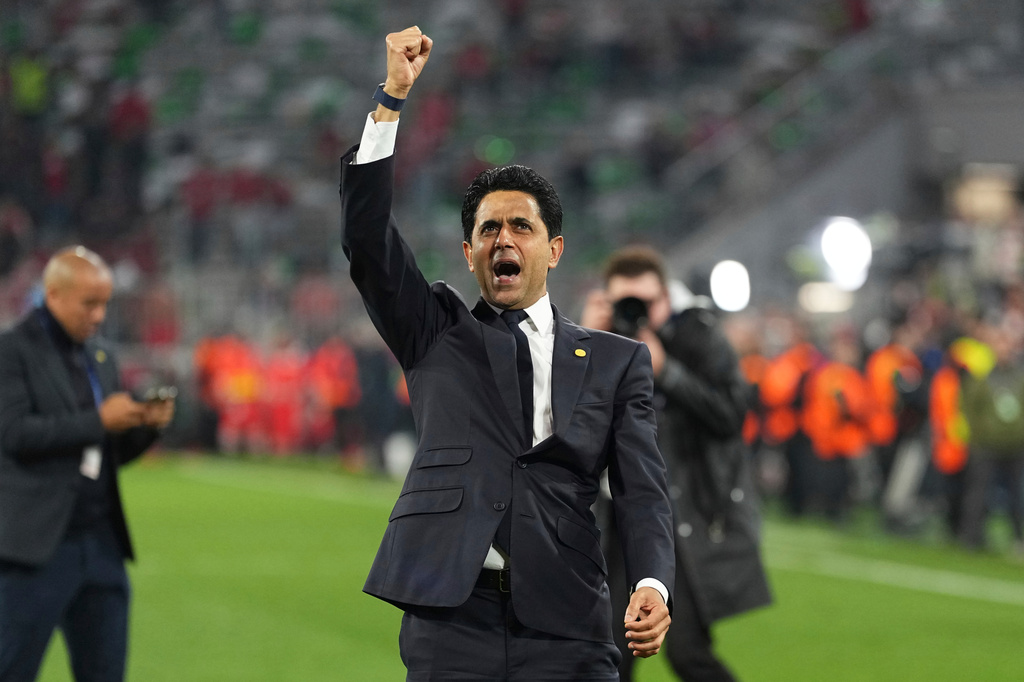 PSG President Nasser Al-Khelaifi celebrates after the Champions League semifinal second leg soccer match between Bayern Munich and Paris Saint Germain in Munich, Germany, Wednesday, May 6, 2026. (AP Photo/Martin Meissner)