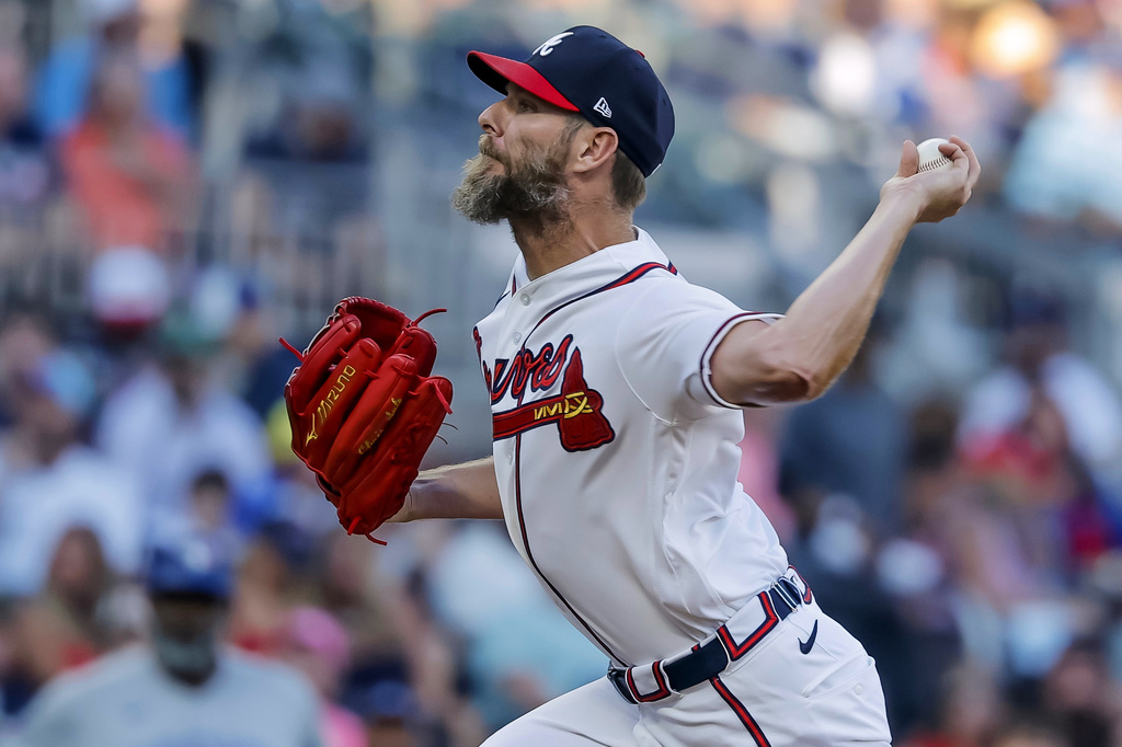 Atlanta Braves pitcher Chris Sale delivers to a Toronto Blue Jays batter during the first inning of a baseball game, Thursday, June 4, 2026, in Atlanta. (AP Photo/Erik S. Lesser)