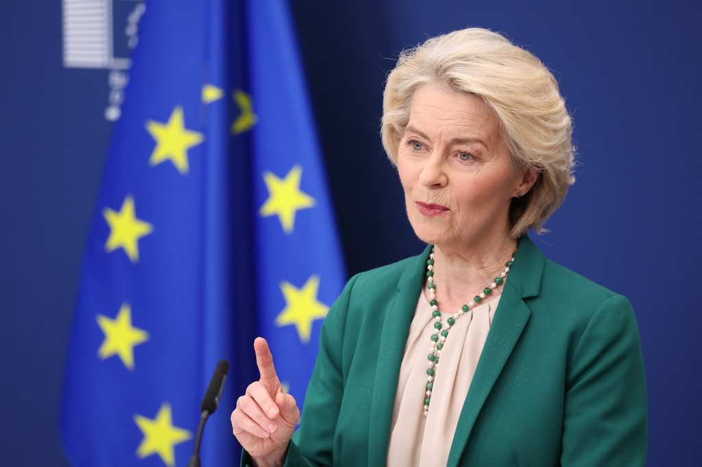European Commission President Ursula von der Leyen speaks during a media conference at EU headquarters in Brussels, Wednesday, April 15, 2026. (AP Photo/Omar Havana)