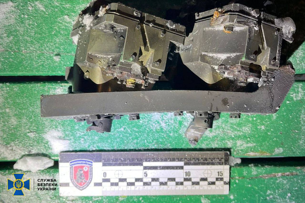 This photo provided by the Ukrainian Security Service on Friday, Jan. 9, 2026, shows a fragment believed to be a part of a Russian Oreshnik intermediate range hypersonic ballistic missile that hit the Lviv region. (Ukrainian Security Service via AP)