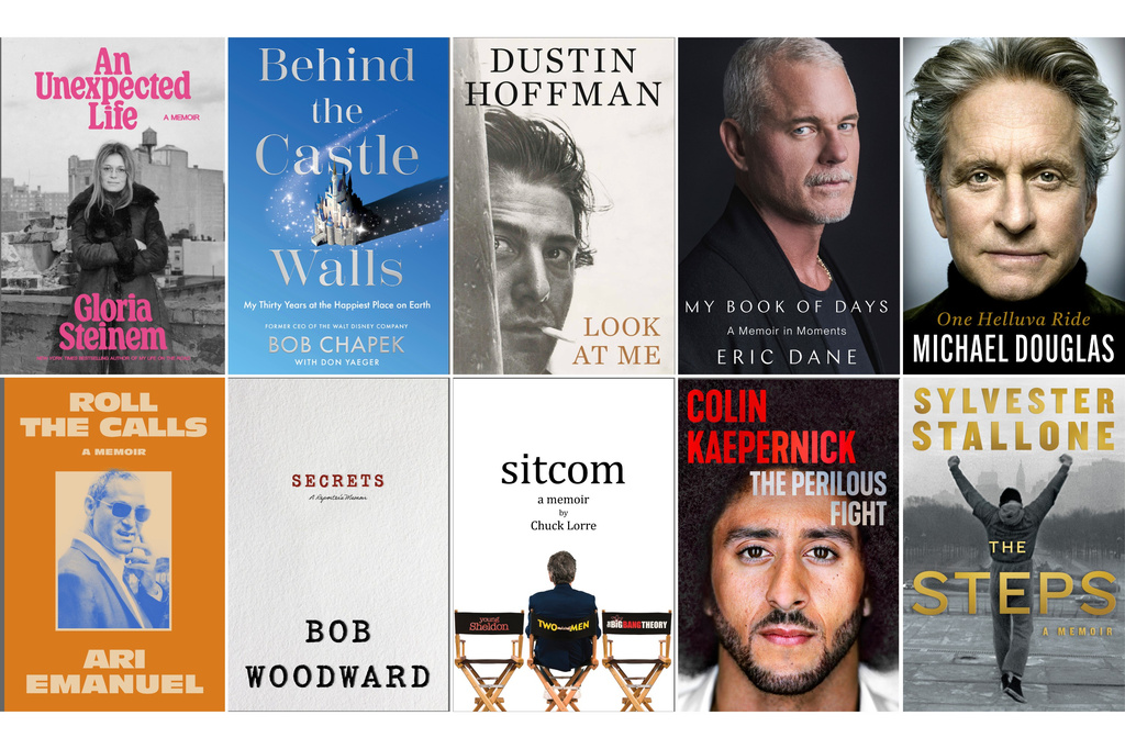 This combination of book cover images shows, top row from left, "An Unexpected Life" by Gloria Steinem, "Behind the Castle Walls" by Bob Chapek, "Look At Me" by Dustin Hoffman, "My Books of Days" by Eric Dane, and "One Helluva Ride" by Michael Douglas, bottom row from left, "Roll the Calls" by Ari Emanuel, "Secrets" by Bob Woodward, "Sitcom" by Chuck Lorre, "The Perilous Fight" by Colin Kaepernick, and "The Steps" by Sylvester Stallone. (Random House/Gallery Books/Simon Six/The Open Field/Grand Central Publishing/Knopf/Harper/Dey Street/Legacy Lit/William Morrow via AP)