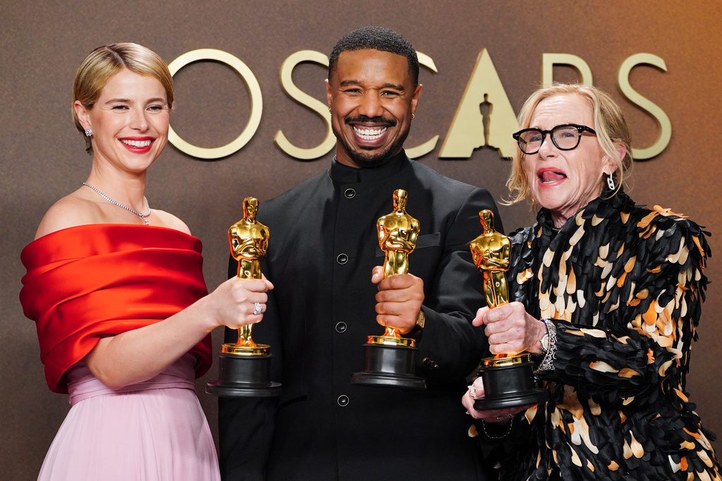 Jessie Buckley, from left, winner of the award for best actress in a leading role for "Hamnet," Michael B. Jordan, winner of the award for best actor in a leading role for "Sinners," and Amy Madigan, winner of the award for actress in a supporting role for "Weapons," pose in the press room at the Oscars on Sunday, March 15, 2026, at the Dolby Theatre in Los Angeles. (Photo by Jordan Strauss/Invision/AP)