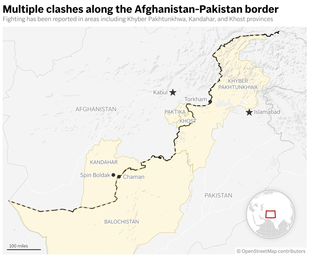This map shows several provinces and cities along the Afghanistan-Pakistan border that have been impacted by recent clashes between the two countries. (AP Digital Embed)