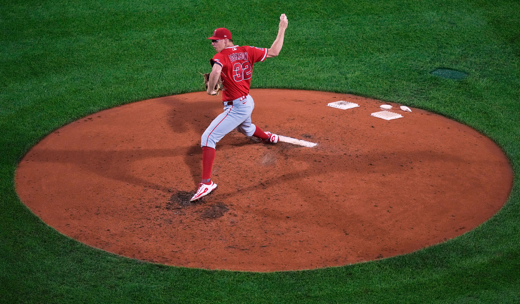 Los Angeles Angels' Ryan Johnson delivers during the fifth inning of a baseball game against the Boston Red Sox, Wednesday, Sept. 9, 2026, in Boston. (AP Photo/Charles Krupa)