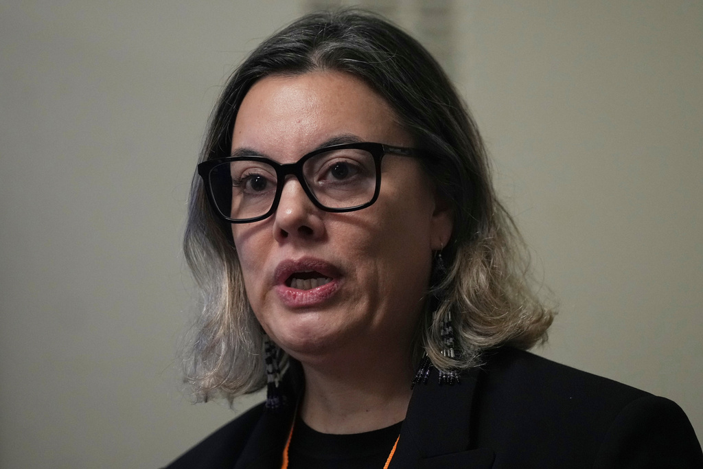 Naaja Nathanielsen, Greenland's Minister for Business, speaks during a press conference in the Houses of Parliament in London, England, Tuesday, Jan. 13, 2026. (AP Photo/Alastair Grant)