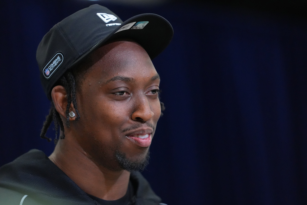 Penn State running back Kaytron Allen speaks during a news conference at the NFL football scouting combine in Indianapolis, Friday, Feb. 27, 2026. (AP Photo/Julio Cortez)