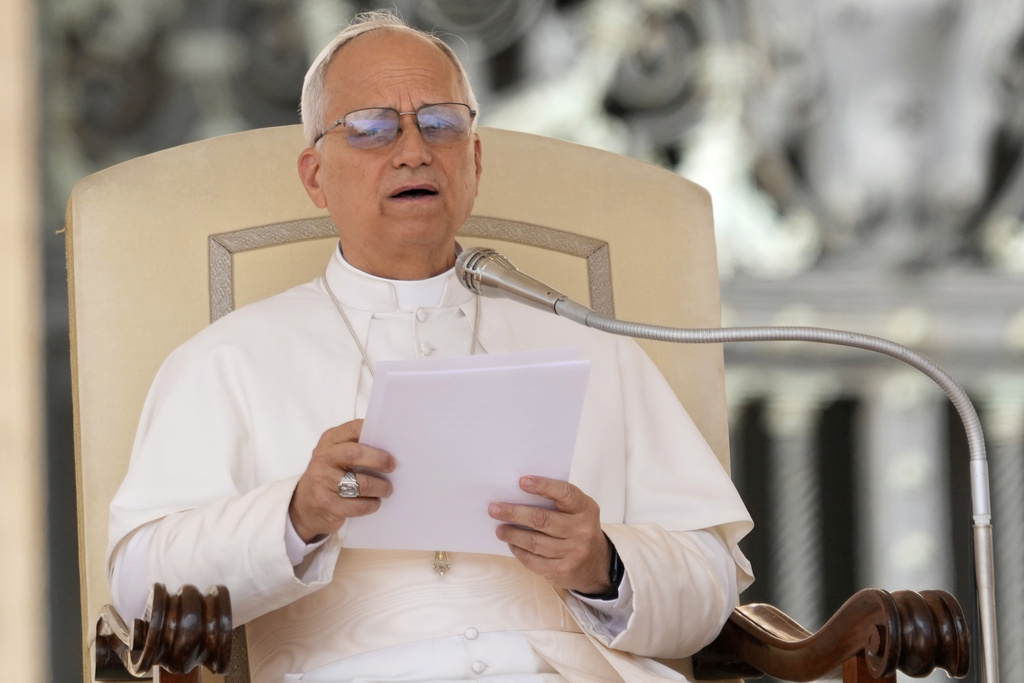 Pope Leo XIV delivers his message in St. Peter's Square on the occasion of the weekly general audience at the Vatican, Wednesday, Sept. 17, 2025. (AP Photo/Gregorio Borgia)