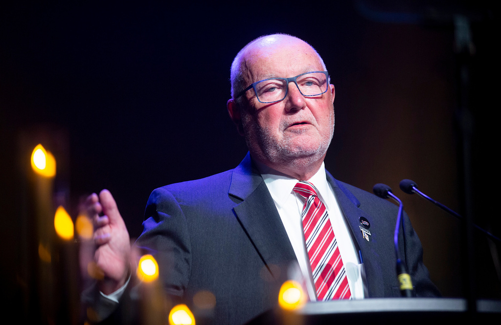 United States Ambassador Pete Hoekstra speaks at the 25th anniversary of the Sept. 11, 2001, terrorist attacks in the United States, in Gander, N.L., Friday, Sept. 11, 2026. (Paul Daly /The Canadian Press via AP)