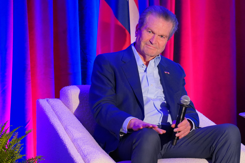 Republican candidate for governor Rick Jackson speaks at a candidate forum hosted by the Georgia Association of Manufacturers' in Atlanta, Tuesday, April 21, 2026. (Matthew Pearson/WABE via AP)