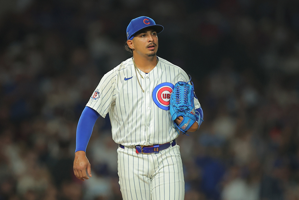 Chicago Cubs' Daniel Palencia looks on after allowing a run on a balk during the sixth inning of a baseball game against the Milwaukee Brewers, Tuesday, Sept. 1, 2026, in Chicago. (AP Photo/Melissa Tamez)