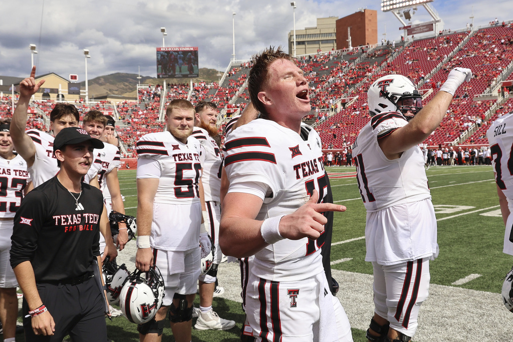 Texas Tech quarterback Will Hammond celebrates their win over Utah after an NCAA college football game Saturday, Sept. 20, 2025, in Salt Lake City, Utah. (AP Photo/Jeffrey D. Allred)