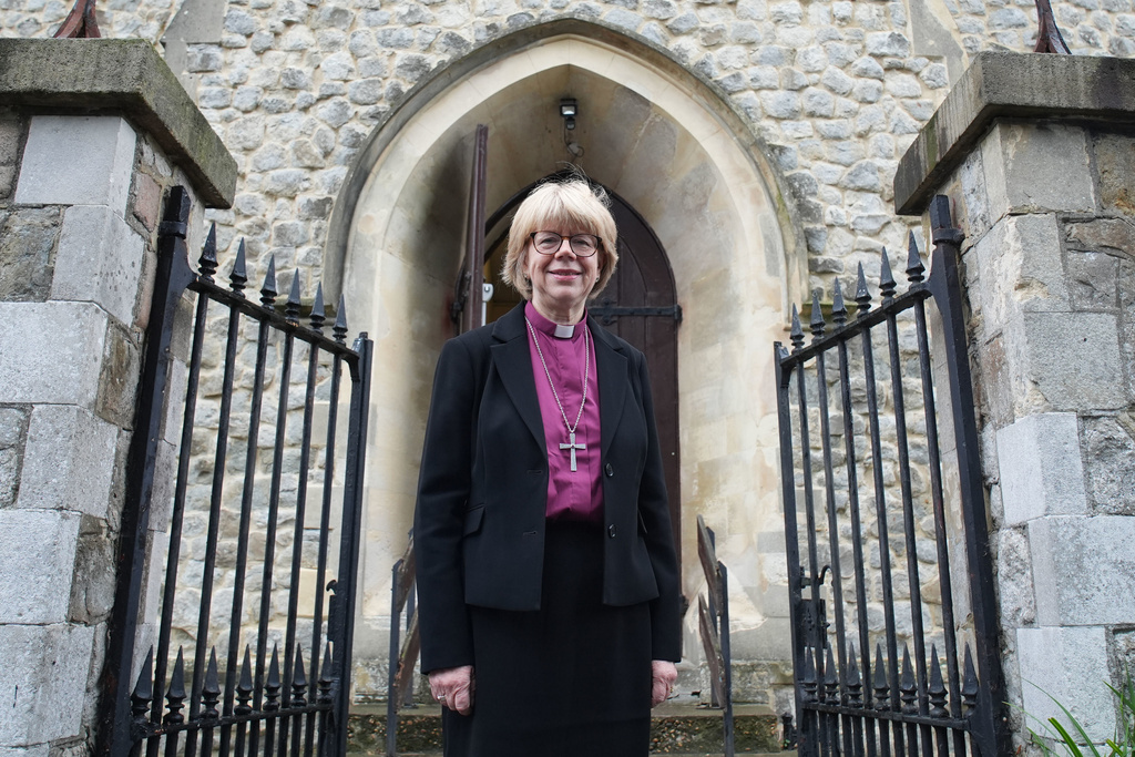 Archbishop of Canterbury-designate Dame Sarah Mullally during a visit to All Saints Church in Canterbury, Kent, England, Friday, Oct. 3, 2025 ahead of her announcement as the 106th archbishop of Canterbury, the first time a woman has been appointed to the role in the Church of England's history. (Gareth Fuller/PA via AP)