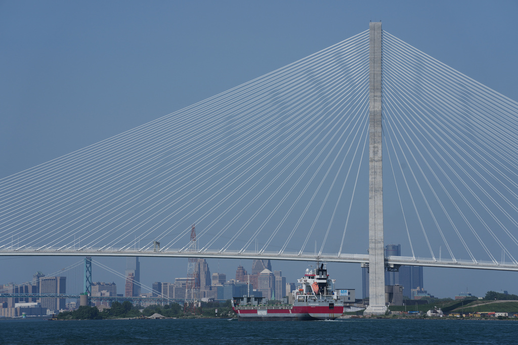 The Gordie Howe International Bridge is seen from River Rouge, Mich., connecting Detroit with Windsor, Ontario, Tuesday, July 14, 2026, (AP Photo/Paul Sancya)