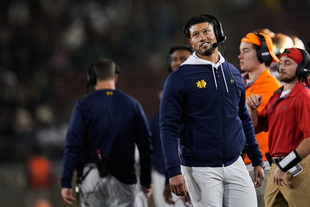 Notre Dame head coach Marcus Freeman reacts on the sideline during the second half of an NCAA college football game against Stanford, Saturday, Nov. 29, 2025, in Stanford, Calif. (AP Photo/Godofredo A. Vásquez)