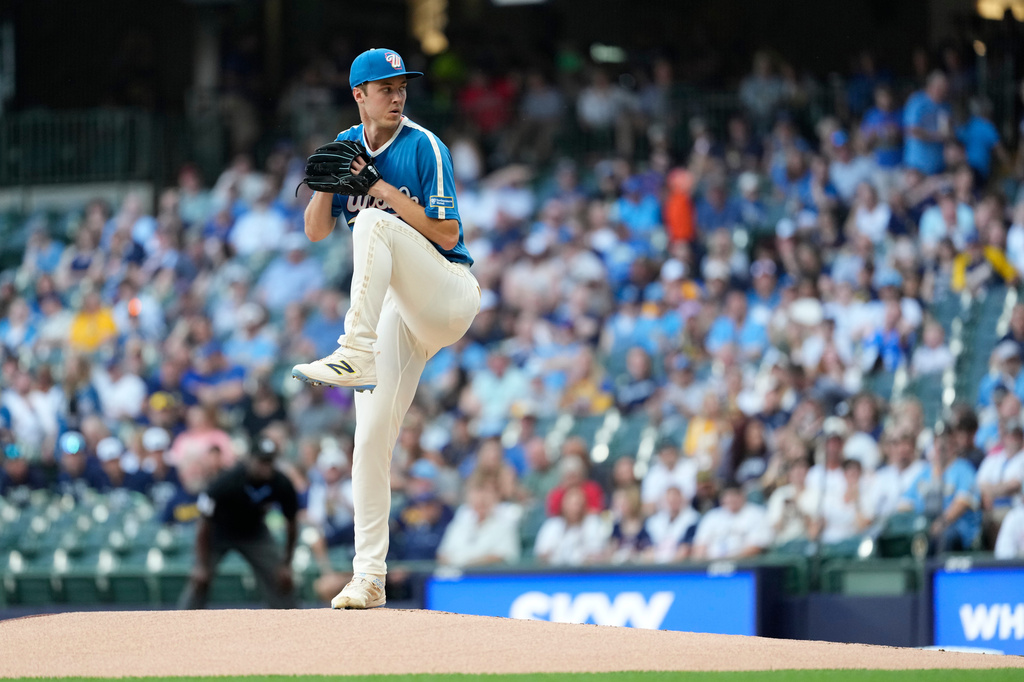 Milwaukee Brewers' Jacob Misiorowski pitches during the first inning of a baseball game against the Philadelphia Phillies, Friday, June 12, 2026, in Milwaukee. (AP Photo/Aaron Gash)