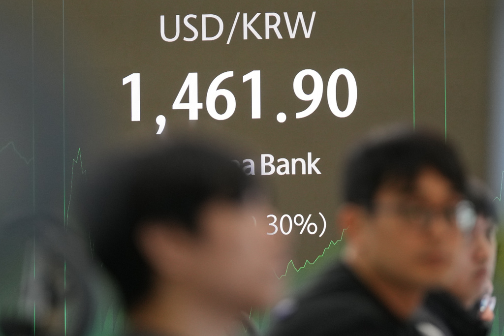 Dealers watch computer monitors near the screens showing the foreign exchange rate between U.S. dollar and South Korean won at a dealing room of Hana Bank in Seoul, South Korea, Monday, Jan. 12, 2026. (AP Photo/Lee Jin-man)