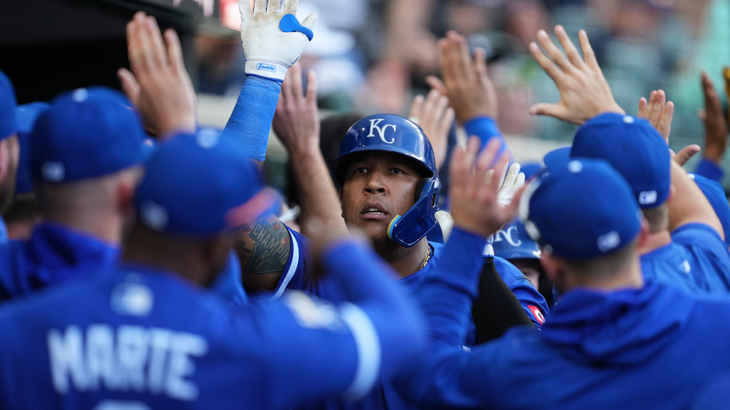 Kansas City Royals' Salvador Perez celebrates his three-run home run against the Detroit Tigers during the seventh inning of a baseball game Thursday, April 16, 2026, in Detroit. (AP Photo/Paul Sancya)