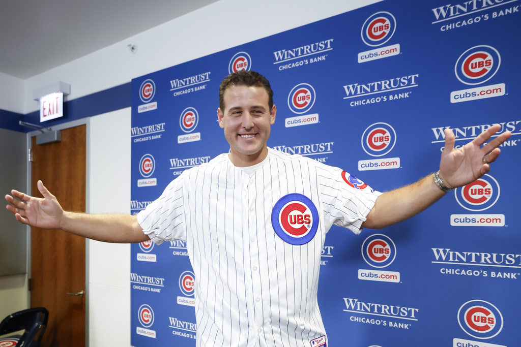 Former Chicago Cubs player Anthony Rizzo poses for a photo after speaking during a press conference before a baseball game between the Chicago Cubs and Tampa Bay Rays, Saturday, Sept. 13, 2025, in Chicago. (AP Photo/Kamil Krzaczynski)
