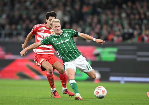 Bremen's Marco Grüll, right, and Berlin's Diogo Leite in action during the Bundesliga soccer match between FC Union Berlin, Matchday 8, at Weserstadion in Bremen, Germany, Friday Oct. 24, 2025. (Carmen Jaspersen/dpa via AP) Bremen's Marco Grüll, right, and Berlin's Diogo Leite in action during the Bundesliga soccer match between FC Union Berlin, Matchday 8, at Weserstadion in Bremen, Germany, Friday Oct. 24, 2025. (Carmen Jaspersen/dpa via AP)