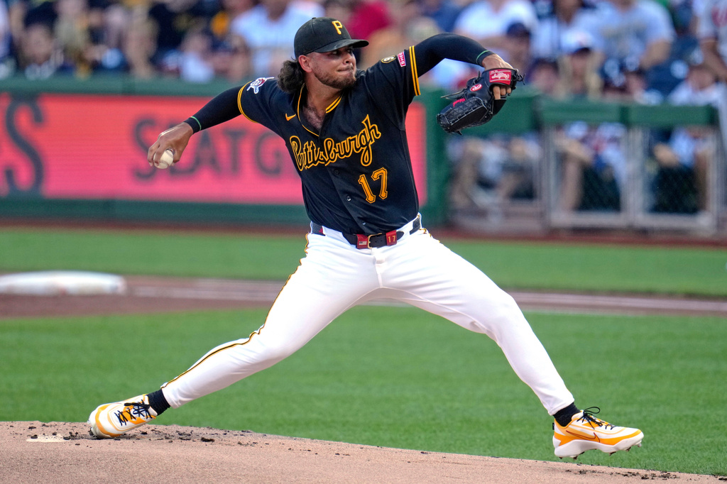 Pittsburgh Pirates pitcher Jared Jones delivers during the first inning of a baseball game against the Atlanta Braves in Pittsburgh, Wednesday, July 8, 2026. (AP Photo/Gene J. Puskar)