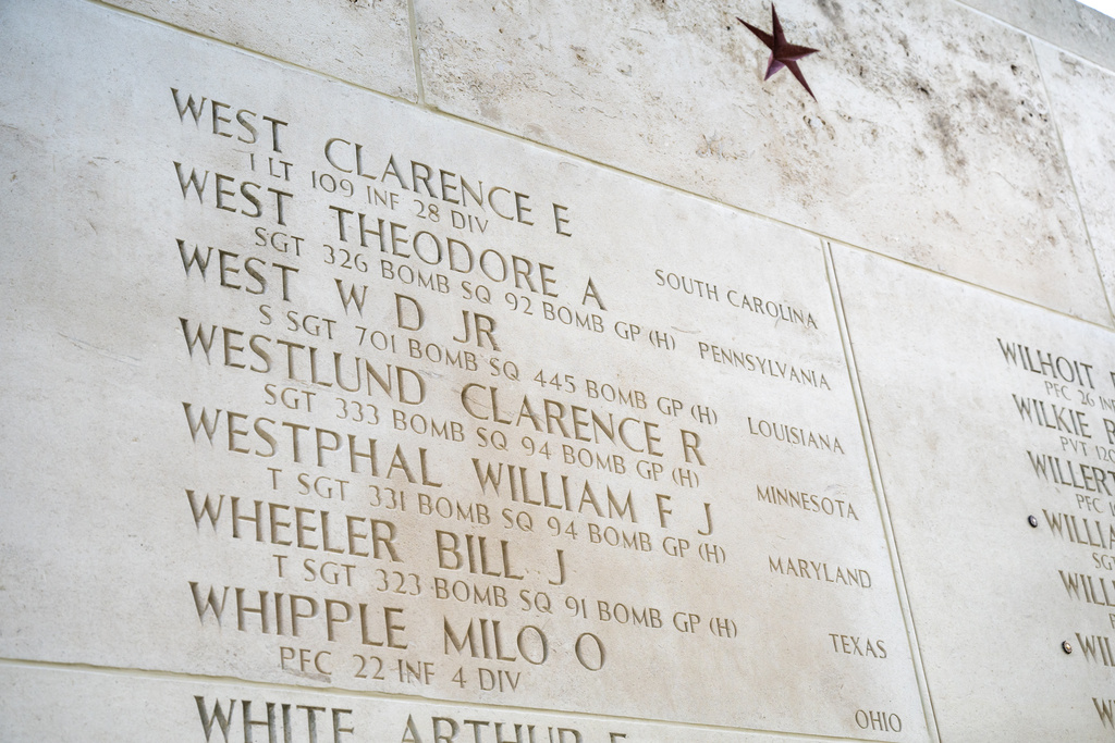 This photo provided by Monuments Men and Women Foundation shows the name of Staff Sgt. William Durham "W.D." West Jr. among those listed on a wall for the missing at the World War II cemetery at the Netherlands American Cemetery in Margraten, located in the southern Netherlands, Aug. 30, 2025. (Alf Mertens/Monuments Men and Women Foundation via AP)