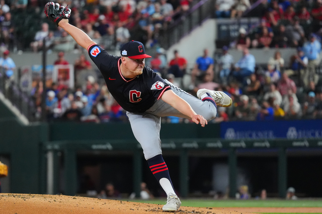 Cleveland Guardians pitcher Parker Messick follows through during the first inning of a baseball game against the Texas Rangers, Friday, June 5, 2026, in Arlington, Texas. (AP Photo/LM Otero)