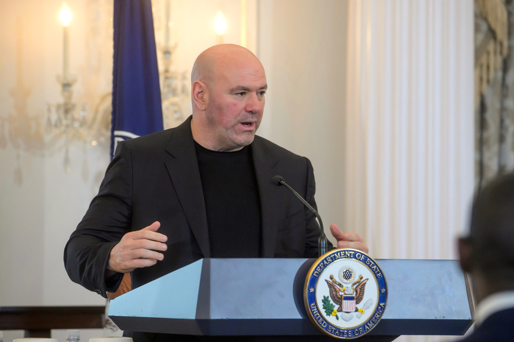 UFC President and CEO Dana White speaks prior to joining Secretary of State Marco Rubio for a Memorandum of Understanding signing ceremony at the State Department, Thursday, June 11, 2026, in Washington. (AP Photo/Rod Lamkey, Jr.)