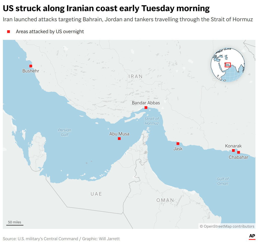 Map showing where the US struck Iran along the coast. (AP Digital Embed)