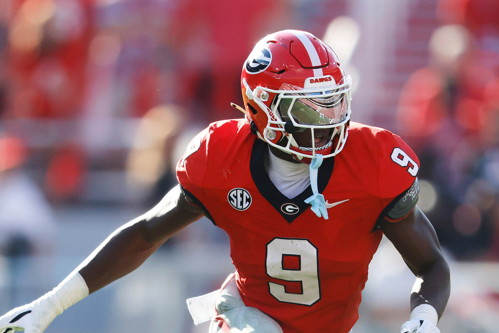 FILE - Georgia linebacker Chris Cole (9) during an NCAA football game against Marshall on Saturday, Aug. 30, 2025, in Athens, Ga. Georgia won 45-7. (AP Photo/Mike Buscher, File)