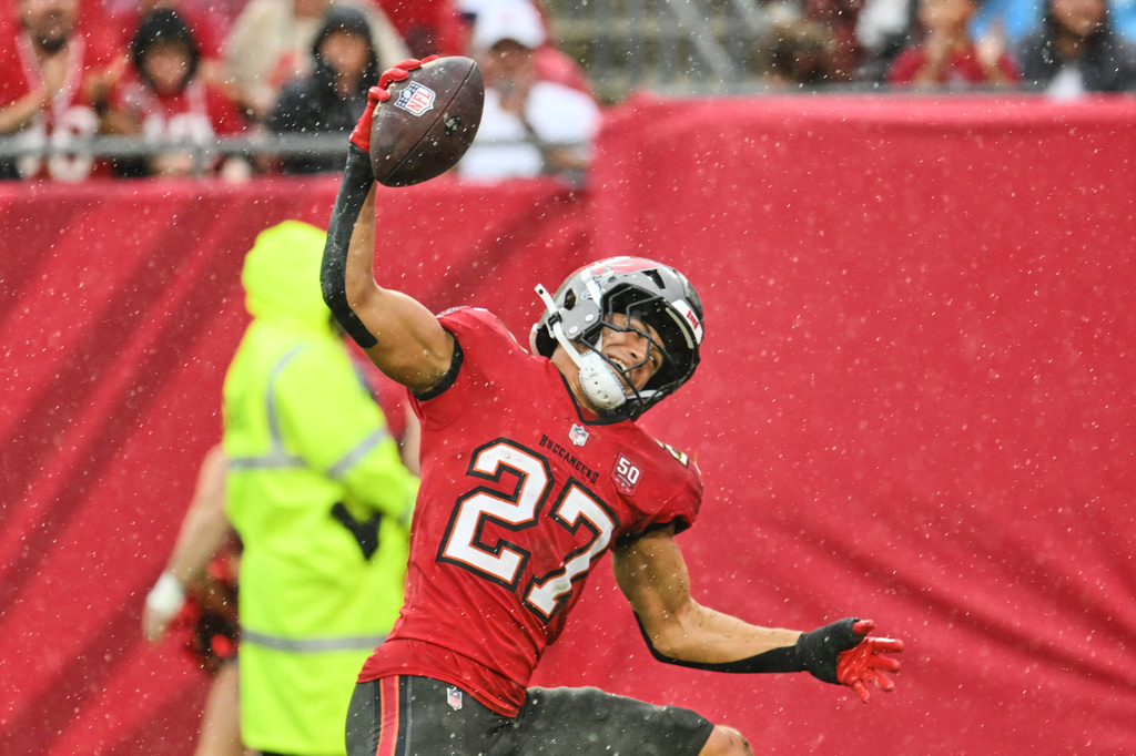 Tampa Bay Buccaneers cornerback Zyon McCollum (27) reacts after intercepting a pass against the New Orleans Saints in the first half of an NFL football game, Sunday, Dec. 7, 2025, in Tampa, Fla. (AP Photo/Jason Behnken)