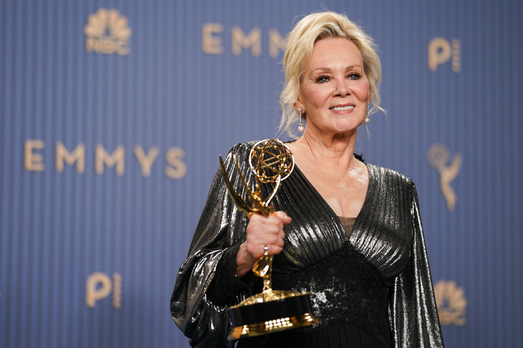 Jean Smart poses in the press room with the award for outstanding lead actress in a comedy series for "Hacks"during the 78th Emmy Awards on Monday, Sept. 14, 2026, at the JW Marriott in Los Angeles. (Photo by Richard Shotwell/Invision/AP)