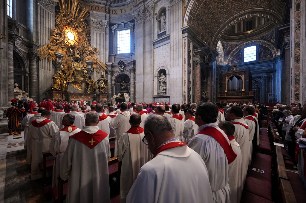 Pope Leo XIV celebrates the funeral service for late Cardinal Camillo Ruini, in St.Peter's Basilica at the Vatican, Thursday, June 18, 2026. (AP Photo/Andrew Medichini)