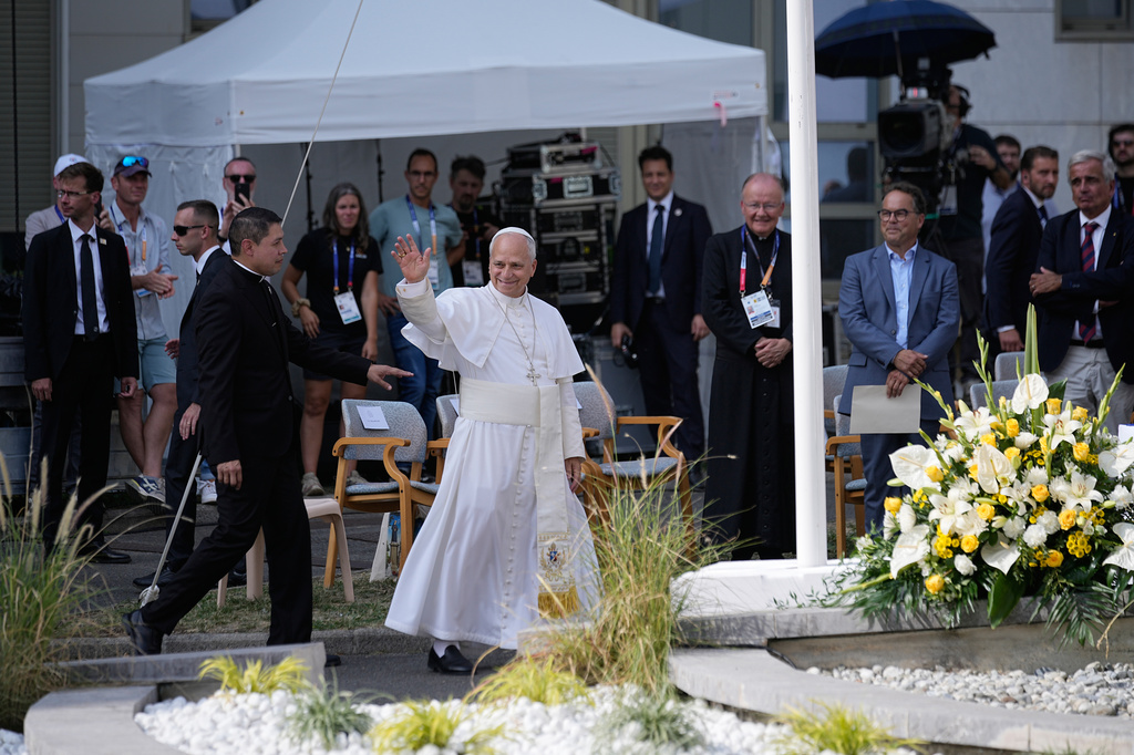 Pope Leo XIV meets with staff and guests of Accueil Notre-Dame and sick people at the Sanctuary of Our Lady of Lourdes, France, Sunday, Sept. 27, 2026. (AP Photo/Laurent Cipriani)